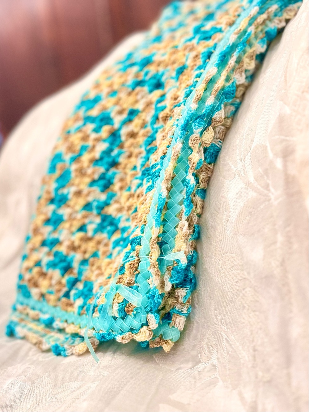 Turquoise and Tan Crochet Throw Blanket - Handcrafted Accent
